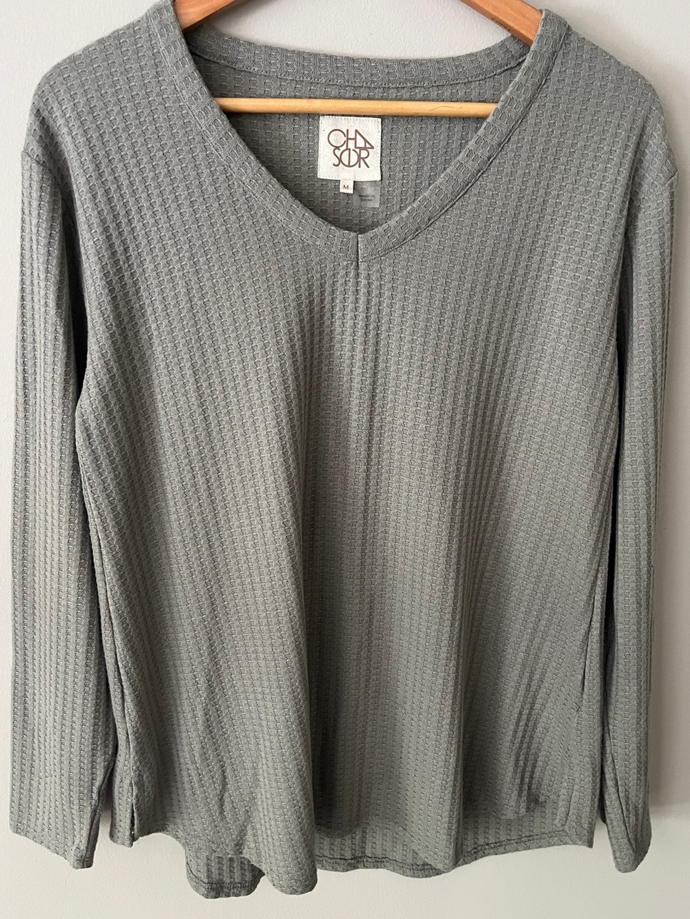 Chaser Light Sage Waffle Knit V-Neck Long Sleeve Top